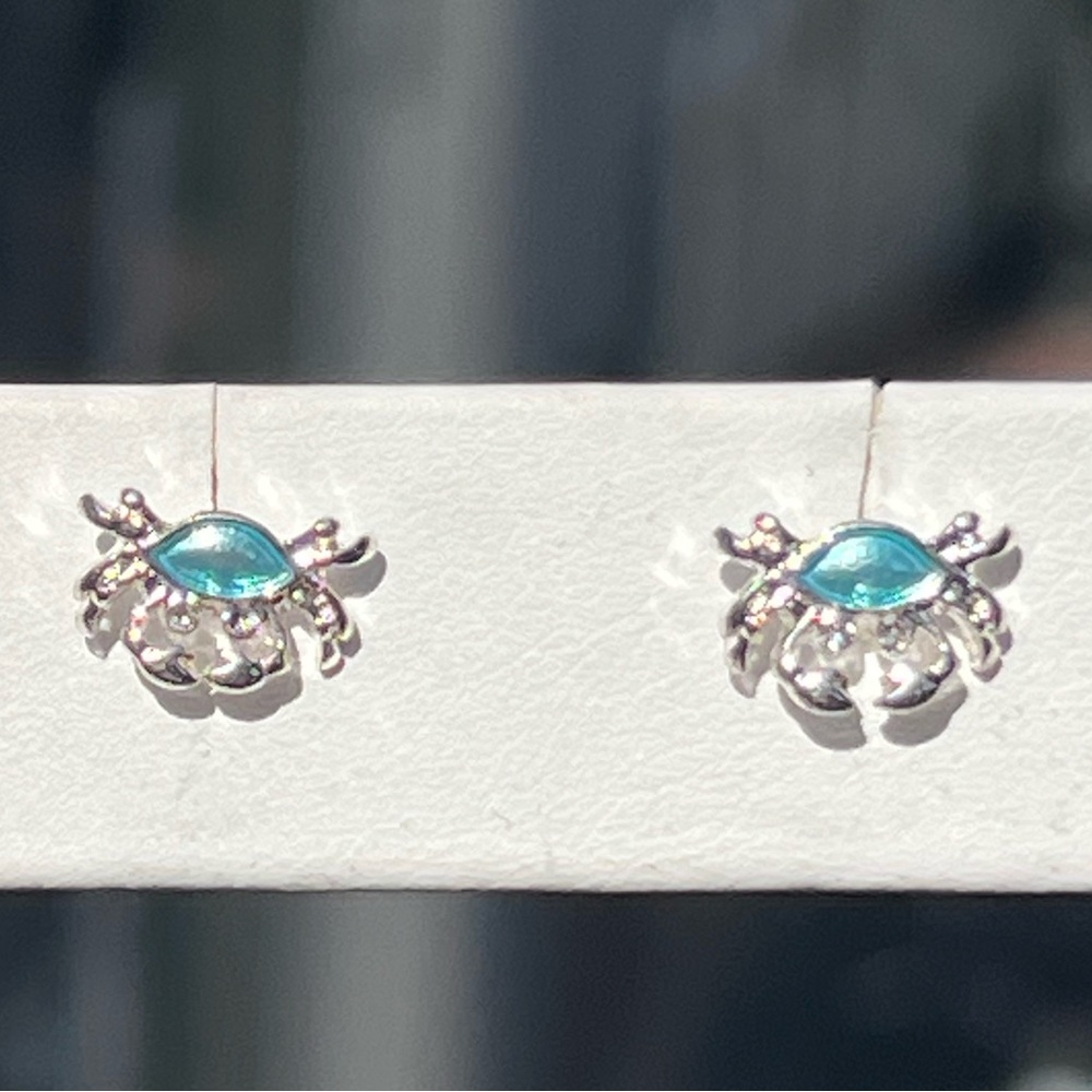 🦋 Dainty Silver and Blue Crab Stud Earrings